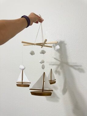 Nautical Wooden Sailboat Mobile with White Sails